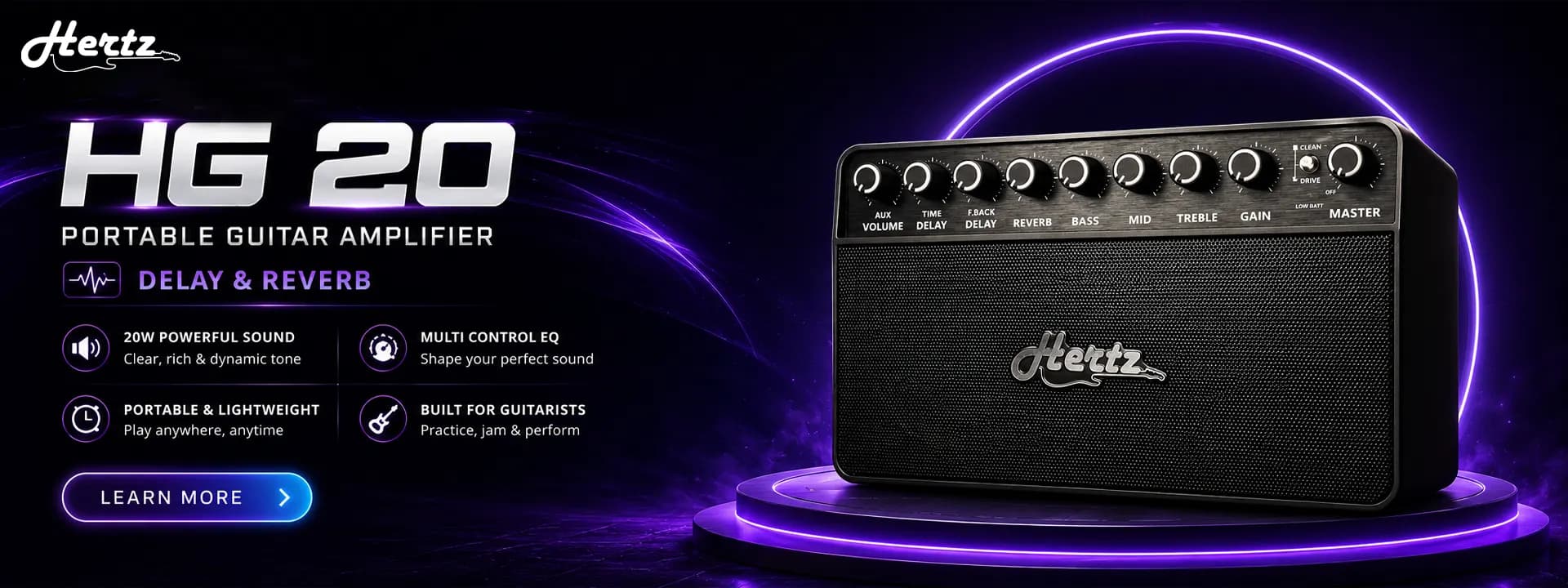 Hertz HG 20 portable guitar amplifier — delay & reverb, 20W powerful sound at Vibe Music